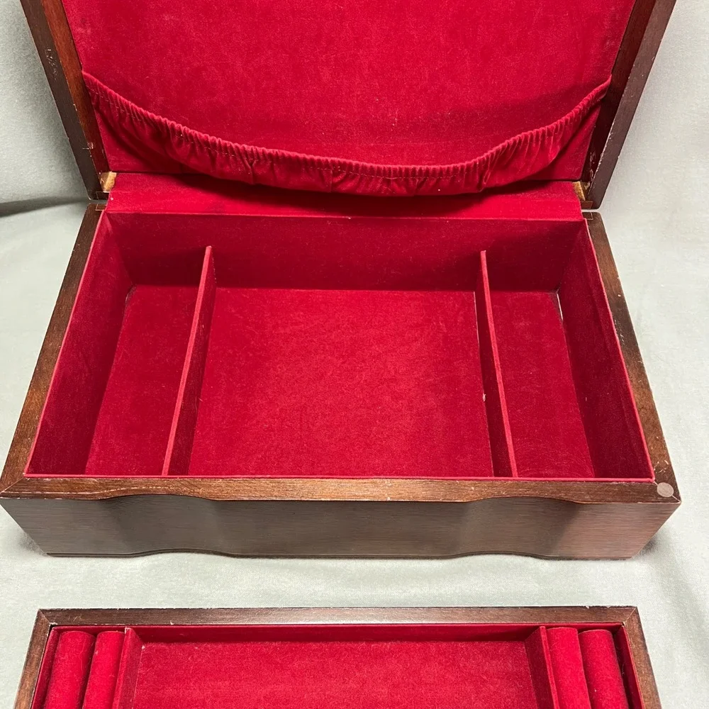 Vintage Wooden Jewelry Box Chest Red Velvet Lining Removable Tray Necklace Hooks